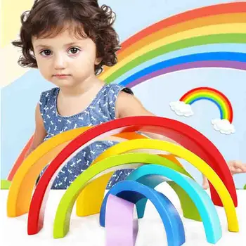 

Colorful Rainbow Building Blocks Toys Wooden Blocks Circle Set Baby Colour Sort Blocks Play Game Toy