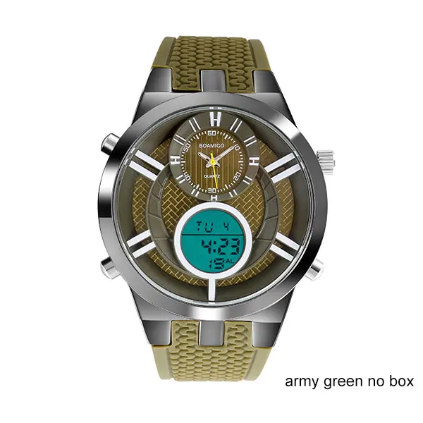 Мужские спортивные часы BOAMIGO брендовые цифровые часы военные кварцевые часы красный резиновый подарок водонепроницаемые наручные часы Reloj Hombre - Цвет: army green no box