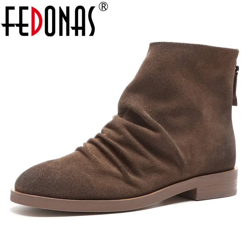 Beste FEDONAS Retro Hoge Kwaliteit Vrouwen Enkellaars Ronde Neus Hoge Hakken Motorlaarzen Rits Warme Herfst Winter Schoenen Vrouw