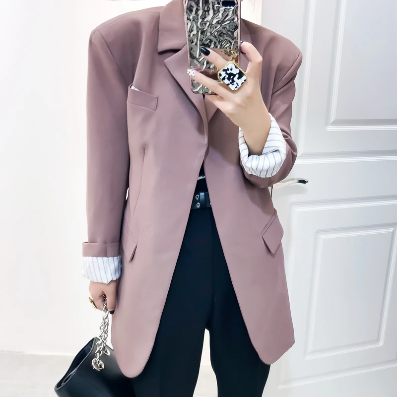 

2019 Blazer New Spring Cotton England Style Notched Collar Full Sleeves Regular Length Button Solid Ladies Clothing