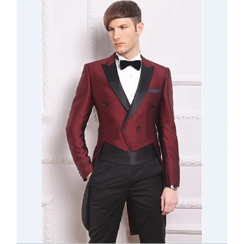 

Tailcoat Groomsmen burgundy Peak Lapel Groom men suit Tuxedos Double-Breasted Mens Suits Wedding (Jacket+Pants+Tie+Hankerchief)