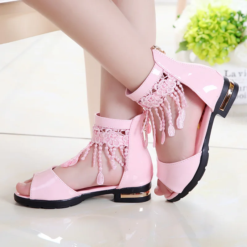 Girls Summer White Pink Tassel Sandals Boots For Teens Girls School Beach Princess Sandals Shoes 5 6 7 8 9 10 11 12 Years New