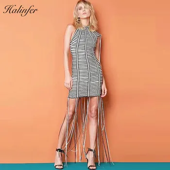

Halinfer 2018 New summer women dress sexy bodycon turtleneck striped tassel bandage dress chic celebrity party dresses vestidos
