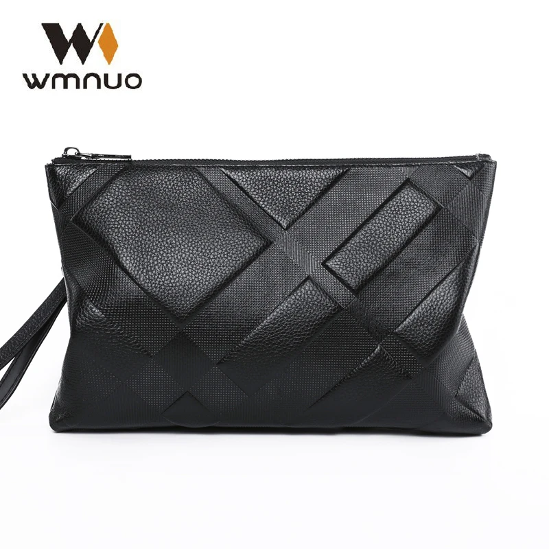 

Wmnuo Envelope Bag Men Hand Bag Genuine Leather Cowhide Wristlets For Male Plaid Embossing Clutch Wallet Men Business Bag