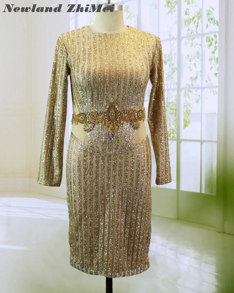 Stunning Gold Knee Length Cocktail Dress Hot Sale Long Sleeves Crystals Beads Woman Party Gown