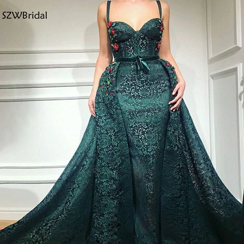 

New Arrival Green Lace evening dress 2019 Spaghetti Strap Evening gowns Abendkleid Dubai Arabic long evening dresses Party