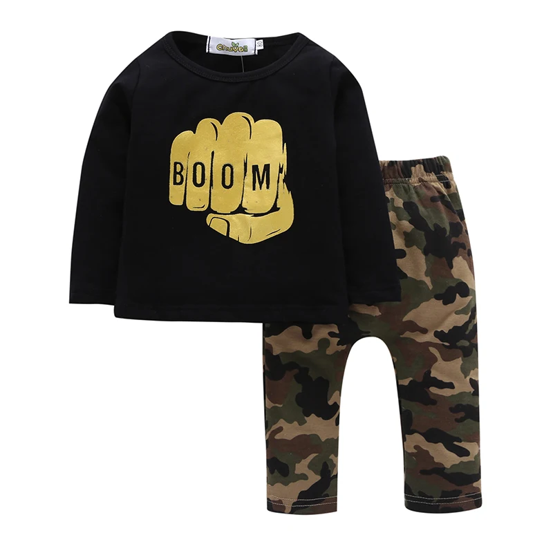 2Pcs Spring Autumn Casual Toddler Boy Sets Black Fist Long Sleeve Cotton T-shirt + Camouflage Pants Baby Clothes V20 |