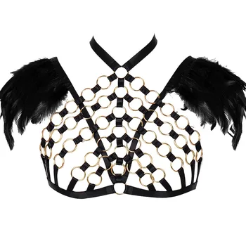 

Harness Bra Women Strappy Top Metal Chain Feather Epaulette Punk Goth Breast Cage Lingerie Adjustable Dance Art Clothing