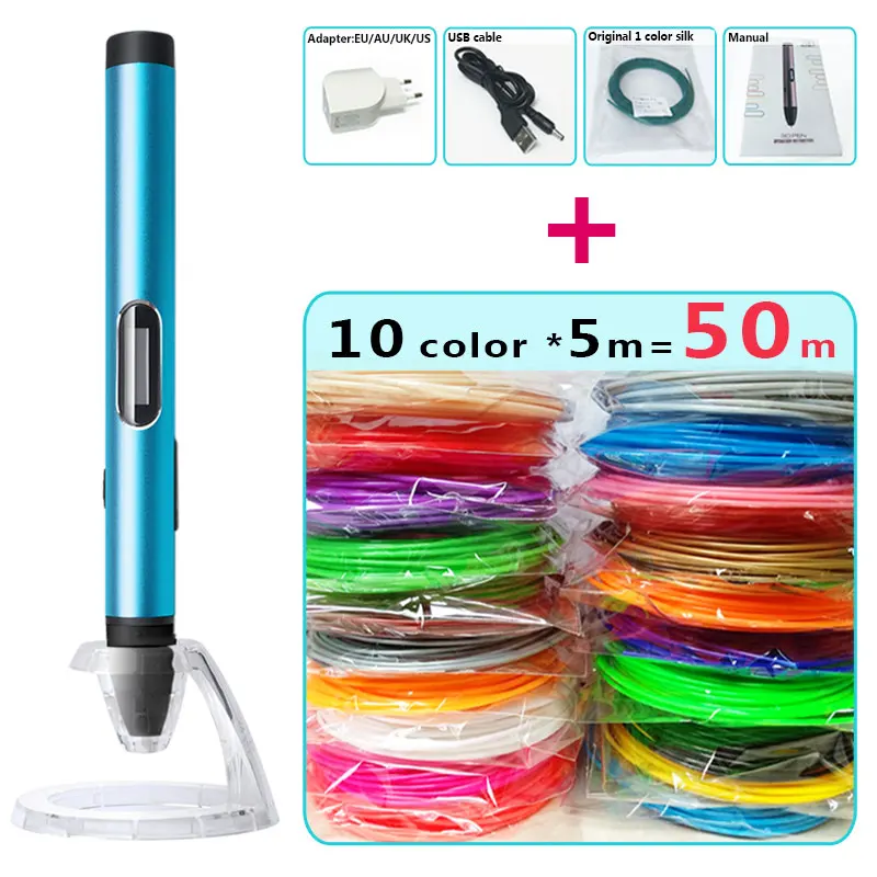 myriwell 3d ручка для рисования，10° низкая температура，3д ручка 3d pen 3d pens，подходит для детей，защиты рук,，3 д ручка 3д триде ручка 3 d ручка 3Д РУЧКА stylo 3d ручка самая дешовая Высокое качество 3д ручку 3d РУЧКА - Цвет: Blue and 50m silk