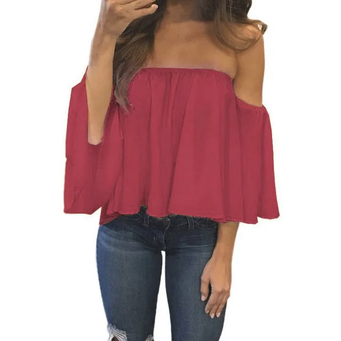 

Women Long Sleeve Pullover T Shirt Off Shoulder Casual women's fashion t-shirts summer for women Chiffon Slash neck