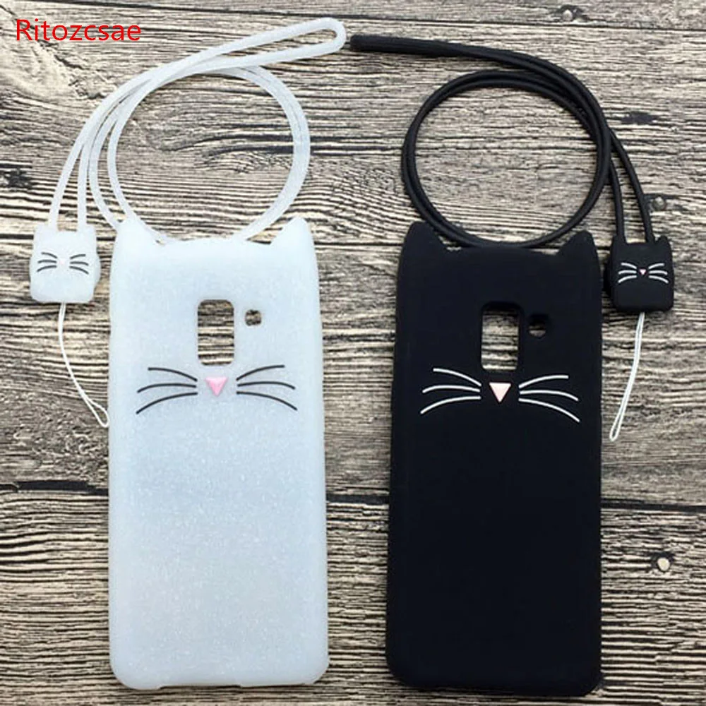 

For Samsung Galaxy A8 2018 A8 plus 2018 case Cover 3D Cute cartoon beard cat soft Silicon with strap phone bag Ritozcase