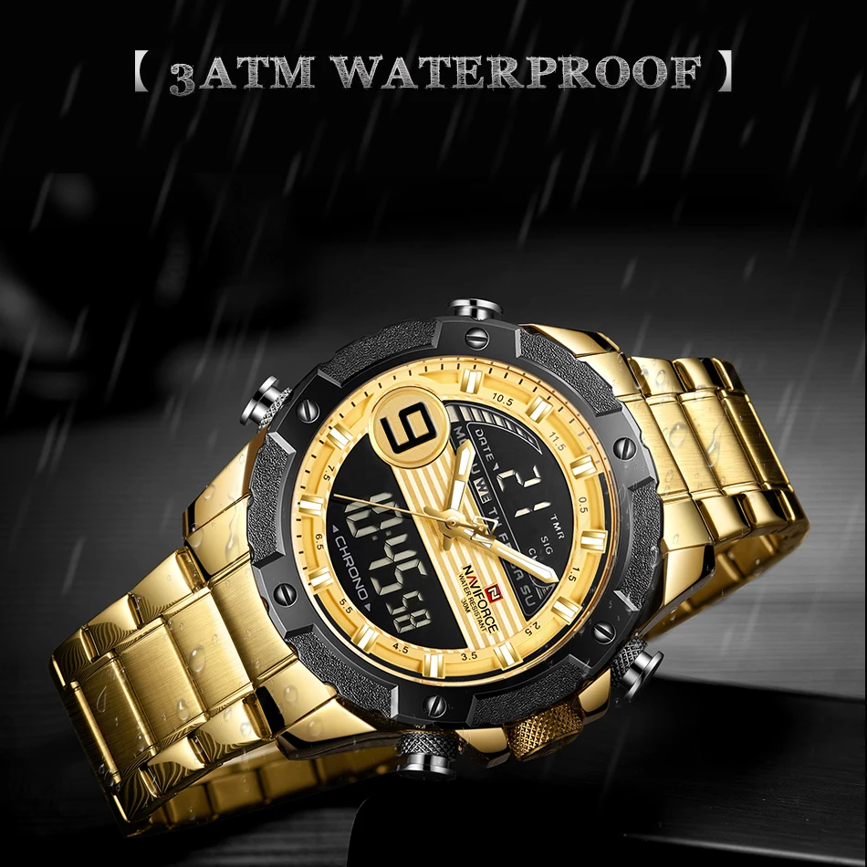 NAVIFORCE военные водонепроницаемые золотые мужские часы из нержавеющей стали Мужские кварцевые наручные часы с двойным дисплеем мужские часы Relogio Masculino
