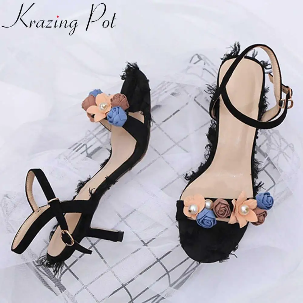 

Krazing pot beauty girls colorful flowers decoration peep round toe buckle strap stiletto high heels art girls lady sandals L20