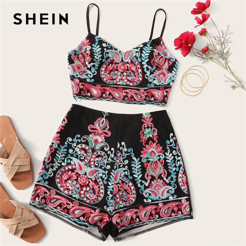 

SHEIN Multicolor Embroidered Mesh Crop Cami Top and Shorts Set Two Piece Set Women Summer Sleeveless Bohemian Two Piece Outfits