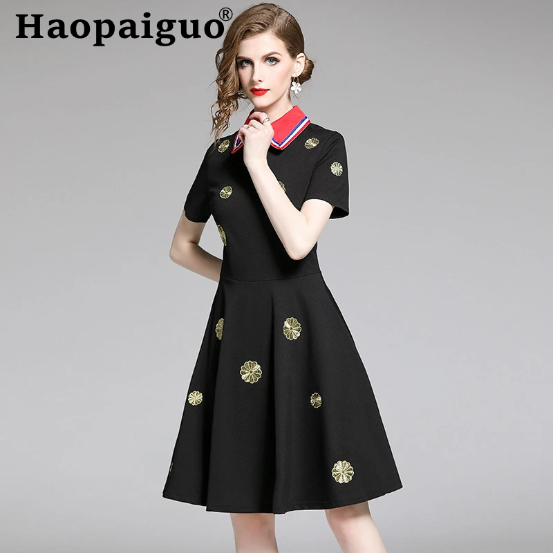

S-2XL Big Size Hepburn Style Midi Dress Summer 2019 Short Sleeve Embroidery Floral Dress Women Loose Elegant Vintage Black Dress