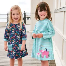 Платье для девочек с длинными рукавами и аппликацией в виде животных; хлопковое платье принцессы в полоску; Детские платья с блестками для девочек; одежда для малышей; Vestidos