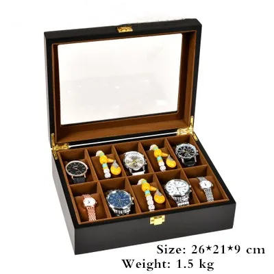 Черная кожаная коробка для часов Деревянный чехол для хранения часов s коробка Роскошная посылка женские ювелирные изделия подарок Дисплей Чехол W28-38-46 - Цвет: 10 Slots Wood