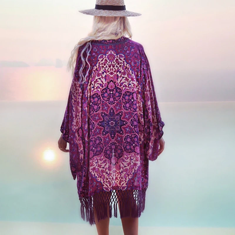 

Swimsuit Coverups 2019 Summer Chiffon Purple Fringe Bathing suit Cover ups Tuniques Pour Plage women Beach Dress Cover up