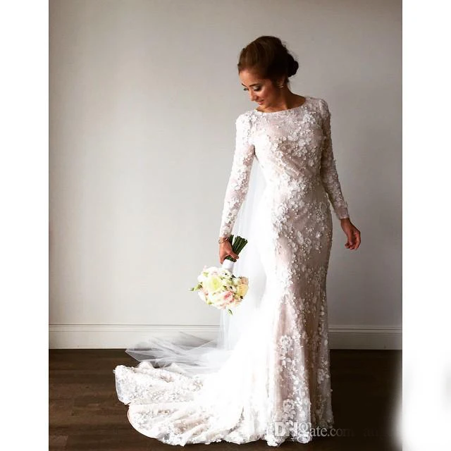 Элегантное Длинное платье русалки рукав Свадебные платья robe de mariee 3D Цветы кружевное свадебное платье изготовленный на формальный заказ свадебное платье