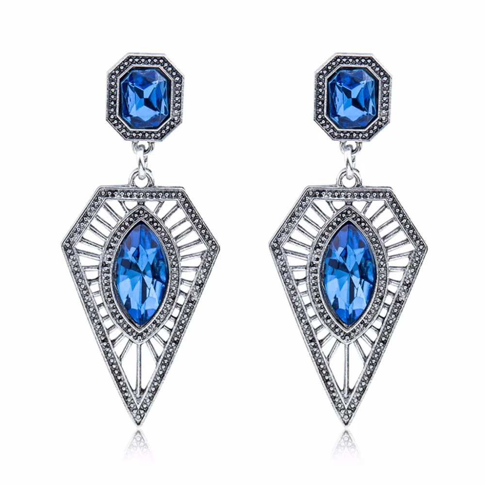 

Square & Drip Blue Clear Crystal Rhinestone Hollow Sharp Triangle Vintage Silver Dangle Earrings Drop Earrings for Women