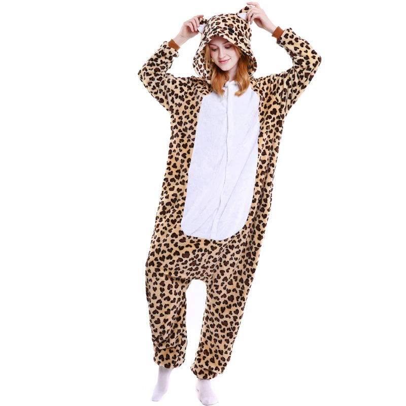 

Flannel Unisex Adults Pyjamas Women Cartoon Winter Warm Homewear Onesie Cosplay Leopard animal pajamas one piece female pajama