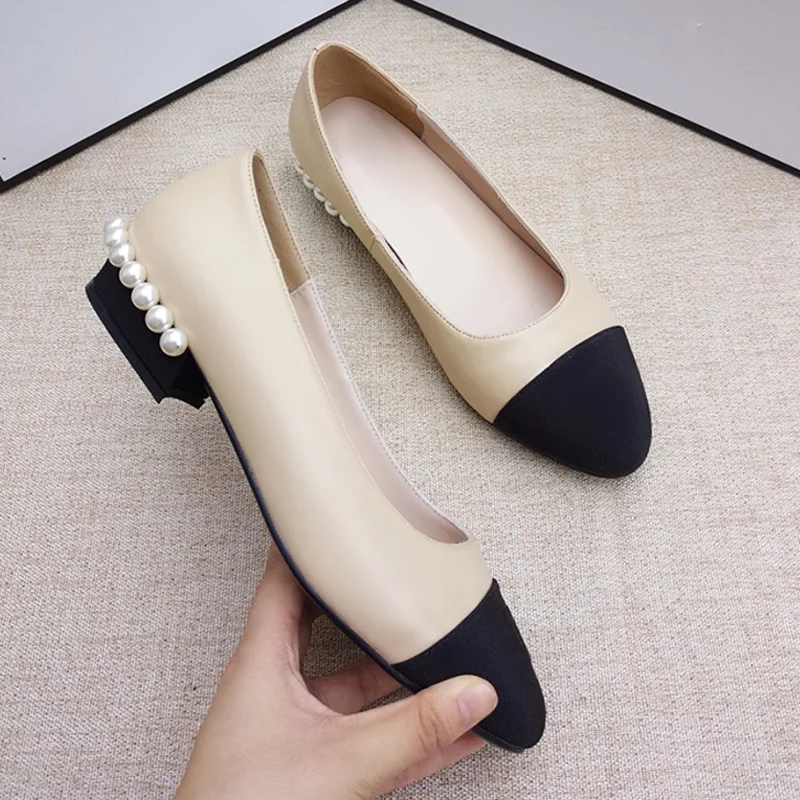 

2019 low heel shoes women square genuine leather shoes women Party internal Comfortable sheepskin size 34-40