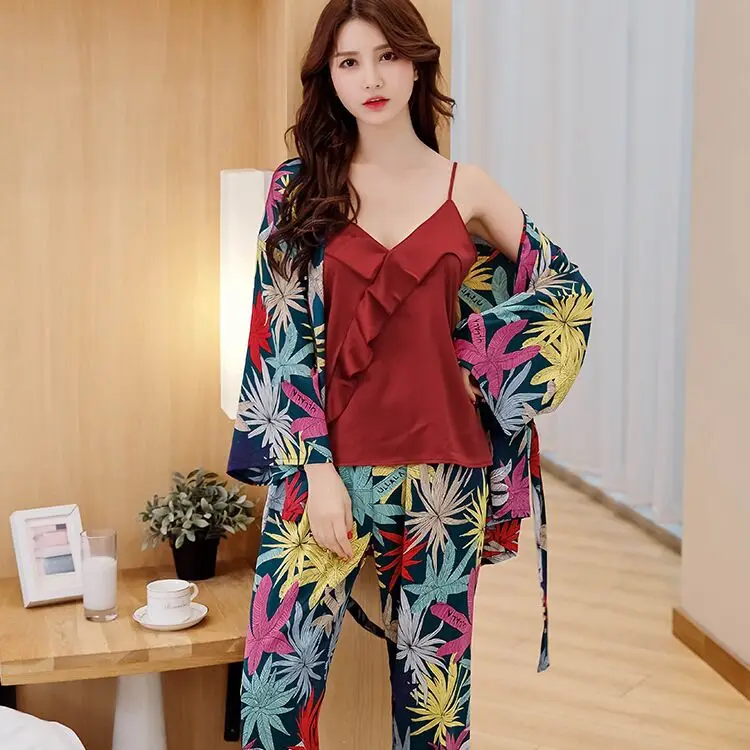 Новые женские пижамные комплекты из 3 предметов с брюками, сексуальная Цветочная Пижама, атласная ночная рубашка с цветочным рисунком, шелковое ночное белье, пеньюар, пижама для женщин
