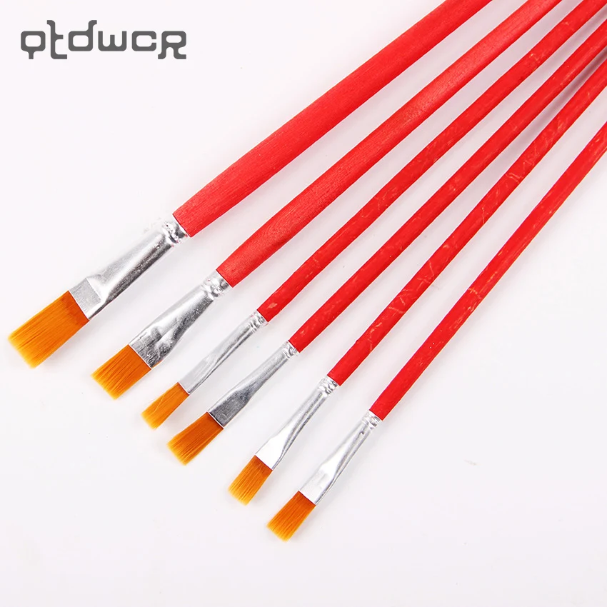 Goede 6 stks set Kids Student Aquarel Gouache Pen Nylon Haar Rode Houten Handvat Kwast Set Tekening Art Supplies