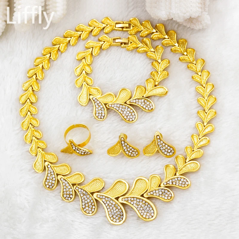 

Fashion Dubai Gold Jewelry Sets Charm Bridal Crystal Necklace Ring Bracelet for Women Italian Luxury Wedding Jewelry