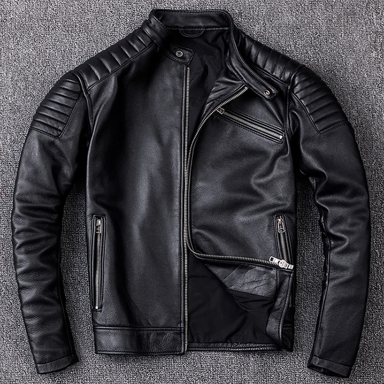 Vintage Leather Jacket Men 100% Genuine Cowhide Black Moto Biker Clothing Man Coat Boy Leather Coat Slim Autumn Asian Size M104 genuine leather shearling coats & jackets