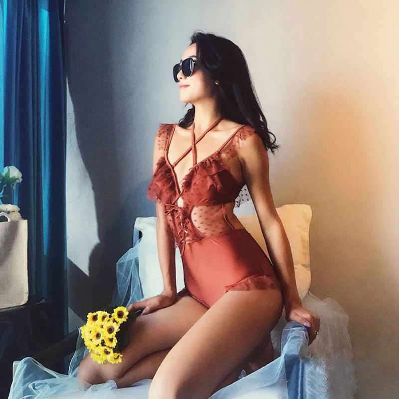 

Swimsuit Woman 2019 1 Piece One Swimsuits May Female Beach Large Size Peice Women Web Suits Word Caramel Color At Solid Cotton