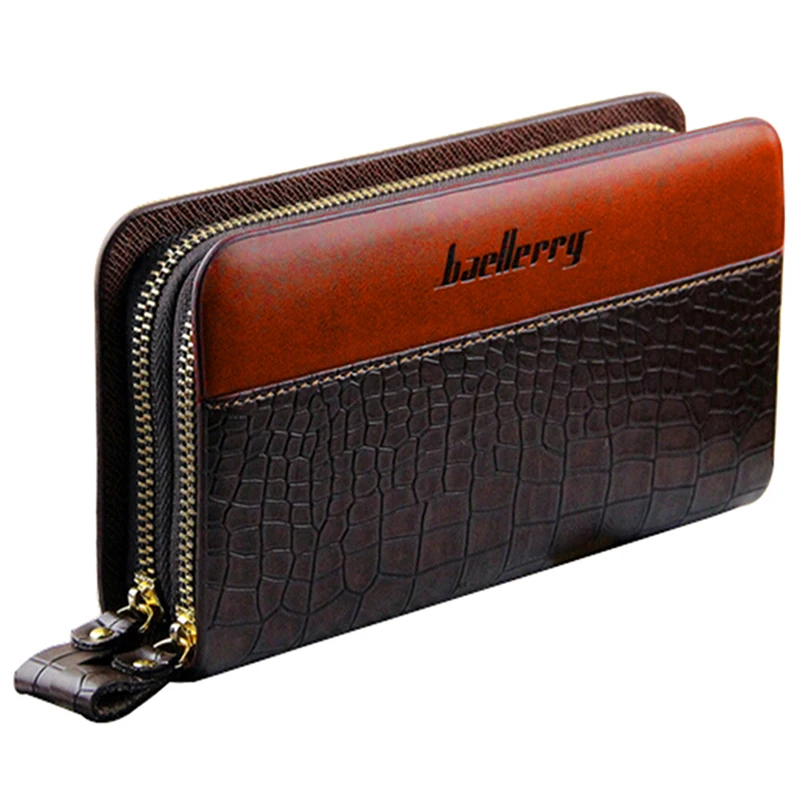 

Crocodile Pattern Long Wallet Double Zip Men, Brown