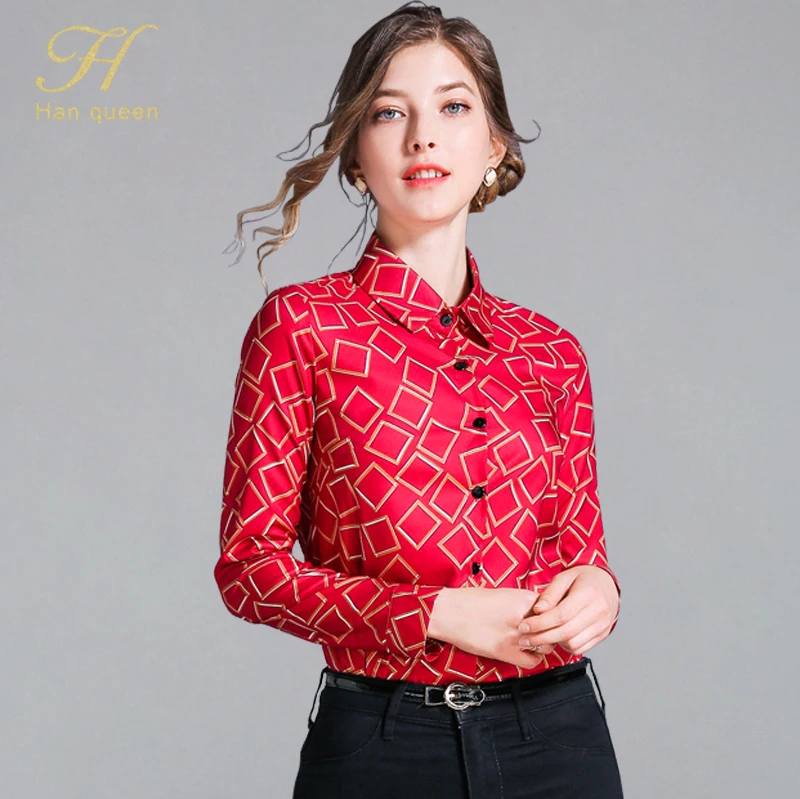 

H Han Queen Women Blouses 2019 Print Long Sleeve Turn Down Collar Blouse Ladies Shirts Plus Size Blusas Loose Casual Chiffon Top