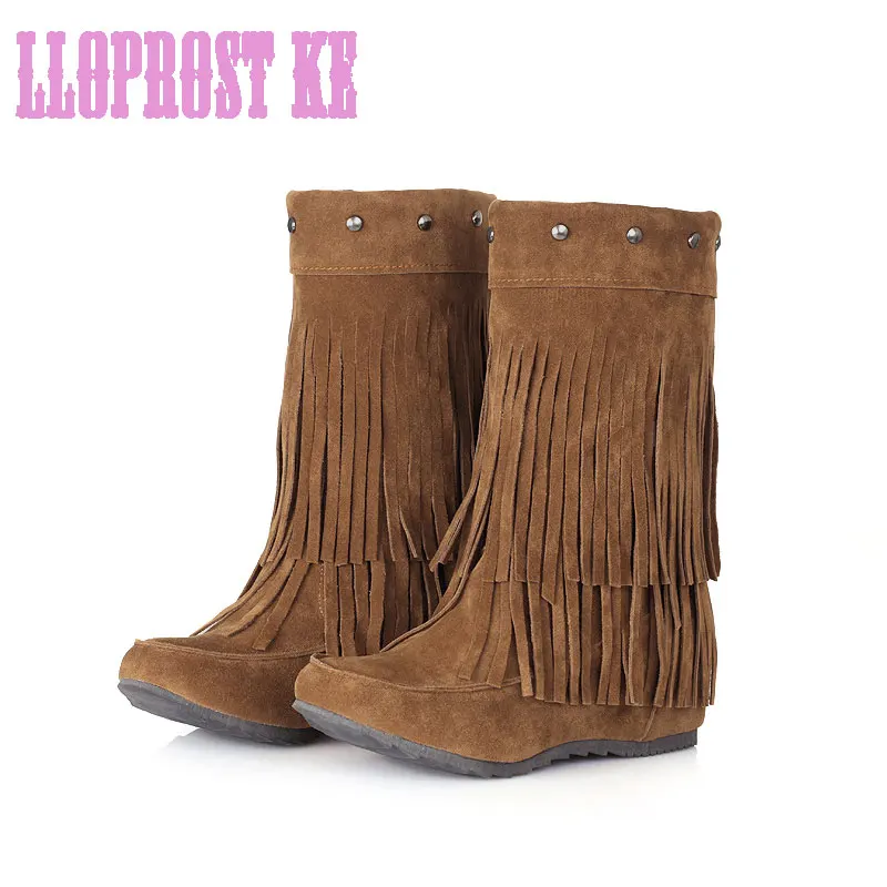 

Lloprost Ke 2017 New Fashion Fringe Rivet  Flock Height Increasing Spring Autumn  Mid Boots Mid-Calf  Big Size 33-47 LD058