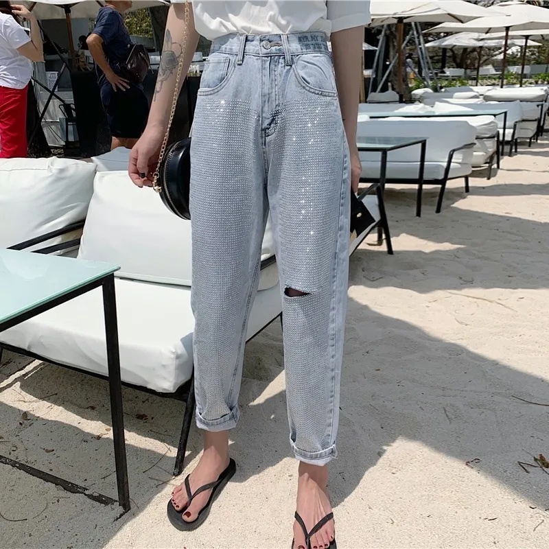 

Vintage Boyfriends Harem Jeans Women High Waist Washed Denim Pant Trousers Ripped Hole Loose Jean Pants