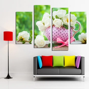 

2017 4 Piece White rose Flower pink vase Home Decoration Contemporary Art Canvas Prints Modular Pictures Free Shipping F18853