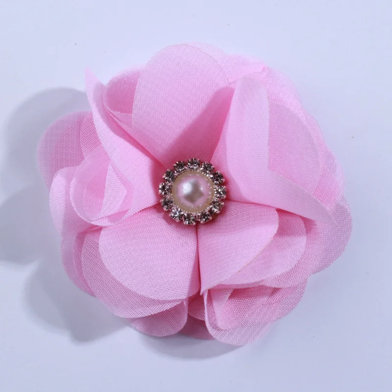 10 шт. 5,5 см 34 Цвета стиль Милые шифоновые цветы со стразами жемчуг для бант-заколка для волос цветок для повязки на голову - Цвет: Pink