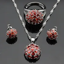Creado Redondo Rojo Granate Gemas Piedras Color Plata Sistemas de La Joyería Para Las Mujeres Colgante Collar de la Boda Anillos Pendientes Caja de Regalo Libre