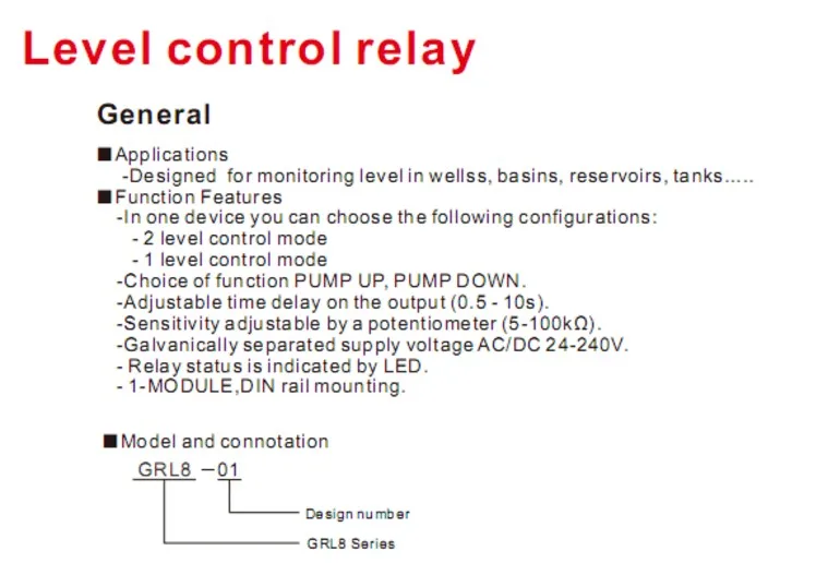 Реле контроля уровня жидкости 10A AC/DC24-240V регулятор уровня жидкой воды ler GRL8