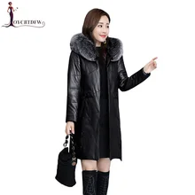 Зимний кожаный пуховик для женщин с капюшоном, воротник из лисьего меха, парки, новая мода, овечья кожа, пальто, большой размер, женская верхняя одежда X674