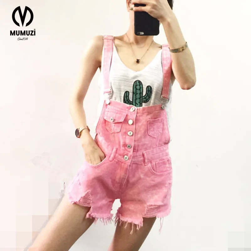 

2017 new korea style summer hot sale female denim shorts loose hole patchwork button high waist Multi color overalls shorts