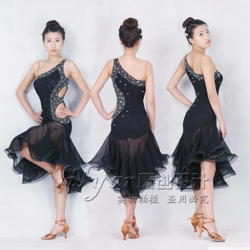 New women's Latin dance costume black shoulder fishbone sequins dress