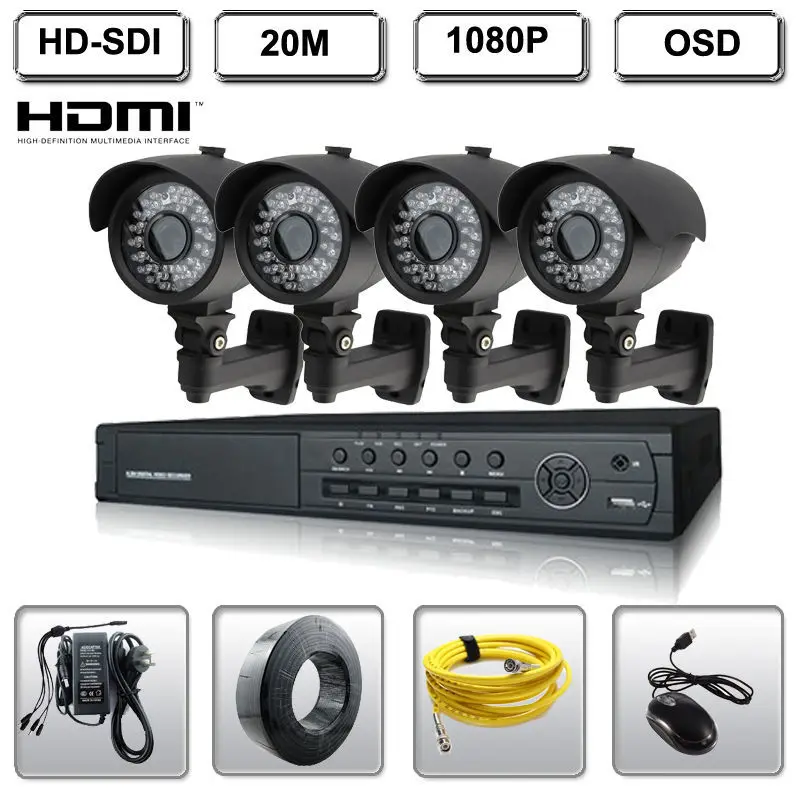 

4 Channel HD-SDI DVR Security System w/4 HD-SDI 2MP IR Bullet 4.2mm 1080P Camera