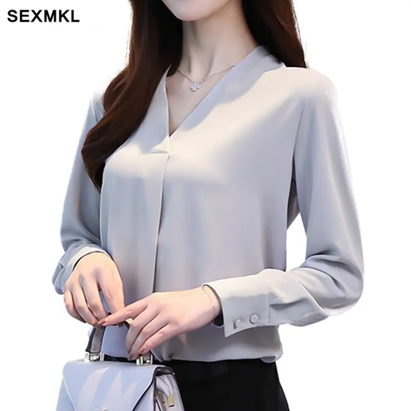 

2019 Spring Chiffon Blouse Women Long Sleeve Elegant Ladies Office Shirts V-Neck Work Wear Casual Slim Tops White Blouse Shirts