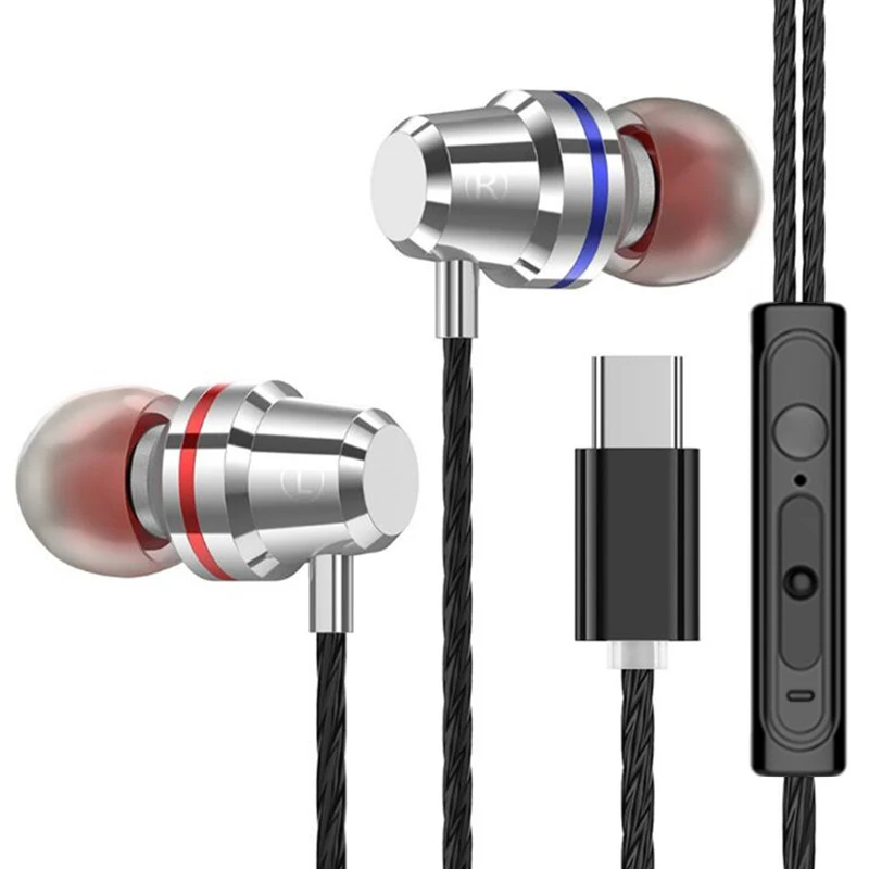 Type C Earphone Dynamic Drive HiFi USB-C Earbuds In-ear Bass Metal Sport Gaming Headset with Mic for Xiaomi Mi9T Huawei P30 Lite - Цвет: Sliver