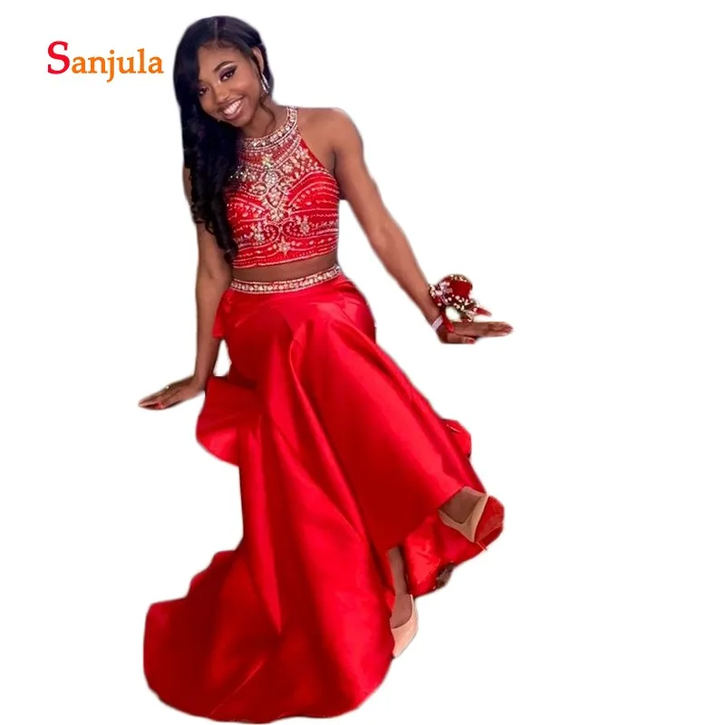 

Crop Top Red 2 Piece Prom Dresses Beaded Halter Sheath Skirt Prom Gowns Stuning Sequins Girls Graduation Gowns D749