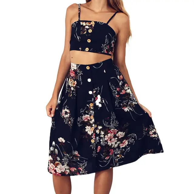 Best Price Sexy Sunflower Print Midriff-baring Strap Short Top Skirt Two-Piece Suit Best Price Sexy Sunflower Print Midriff-baring Strap Short Top Skirt Two-Piece Suit