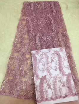 

Free shipping (5yards/pc) beautiful dusky pink French net lace fabric high quality tulle lace with sequins for dress FZZ113