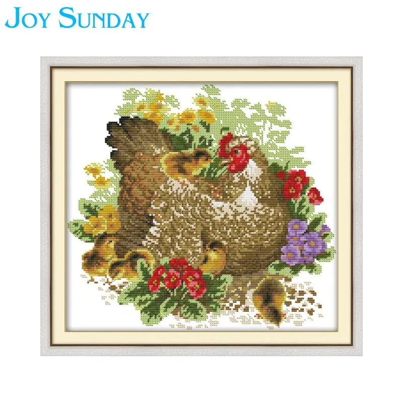 

Joy Sunday Chicken Mother and Chick DIY DMC Cross Stitch Kits 11 14CT Counted Printed on Canvas Animal Pattern Embroidery kits