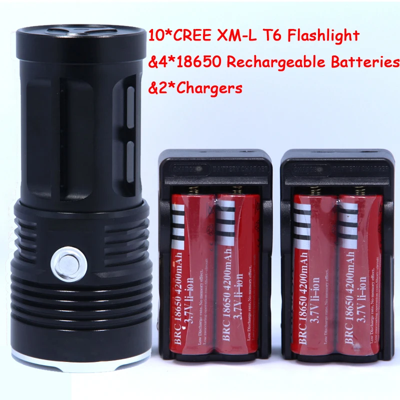 

New 20000 lumens High Power 10T6 LED 10 x XM-L T6 LED Flashlight Torch Lamp Light Lantern with 4*Batteries & 2*Chargers